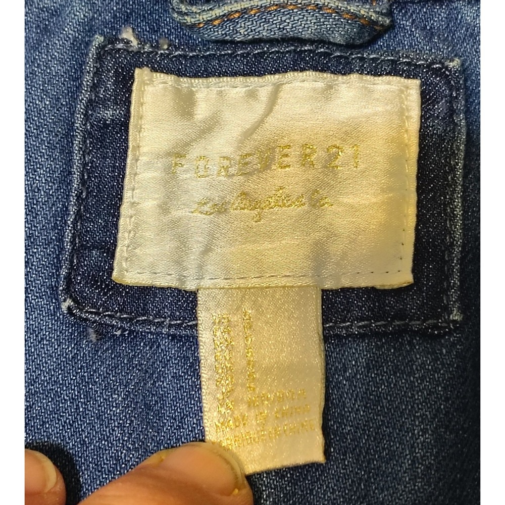 Forever 21 Denim Jacket Cream Knit Sleeve Combo Trucker Style Blue - Picture 3 of 8